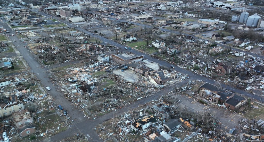 Aerial photo of tornado damage in Kentucky.